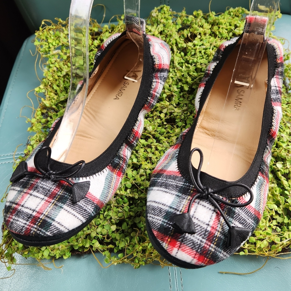 YOSI SAMRA Tartan Plaid Ballet Slippers Folds Black Red White Travel Flats 8 New